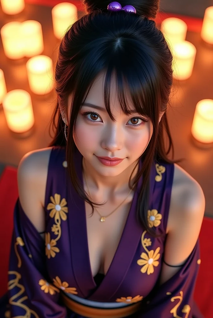  Hidden Leaf Festival Night – Alluring Yukata Pose

A hyper-realistic close-up of Lady Guren from Naruto, imagined at a summer festival in the Hidden Leaf Village. She wears a short, deep purple yukata with golden floral patterns, off one shoulder, revealing a silk undergarment beneath. Her signature indigo hair is styled spikily as always, adorned with a small violet hair ornament. She sits on a red bench under paper lanterns, looking into the lens with a gentle, flirtatious smile. Her blue eyes reflect the warm glow of lanterns. The background is filled with soft bokeh from the festival lights. Captured on Fujifilm Velvia 50 film for its vivid color and incredibly fine grain. Her skin appears luminous, and every detail of her fabric and gaze is intensely realistic.

