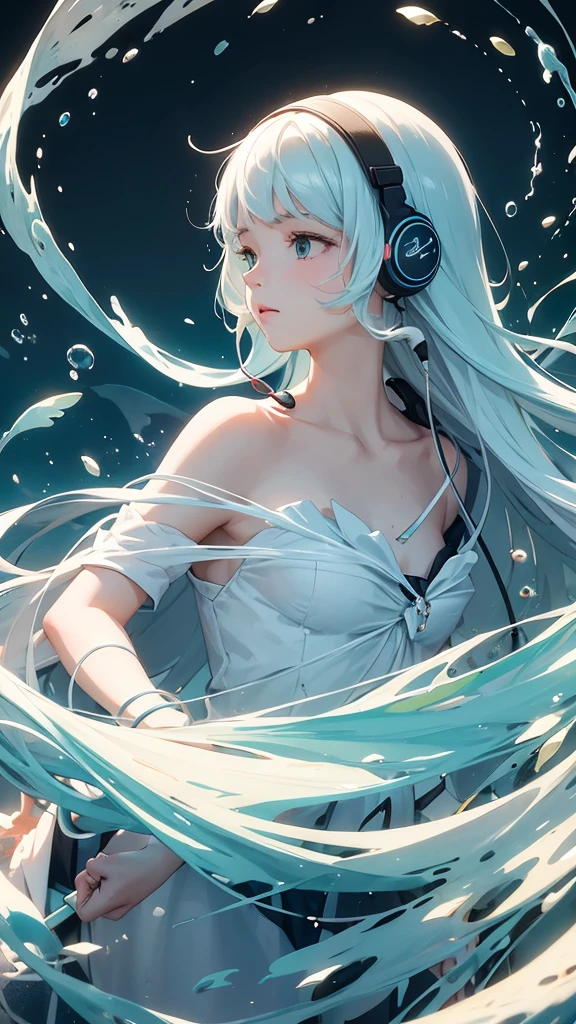 ((masterpiece))), ((highest quality))), ((Very detailed)),Silver-haired woman wearing headphones,Drawing a picture,Shinkai Makoto style,(Soft Light: 1.5), (unreddish skin: 1.5), (Normal hand: 2), (Air filled with water mist: 1.5)