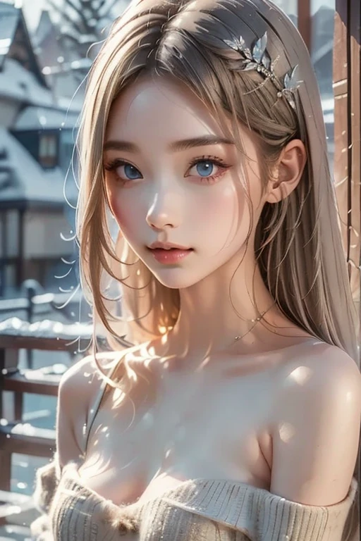 ((Top quality, masterpiece, 8K, best image quality, ultra-high resolution), TWICE tzuyu, Korean beauty, silver hair, long hair, small face, fair skin, narrow eyes, slanted eyes, slender, big breasts, sex appeal, lustrous, mature