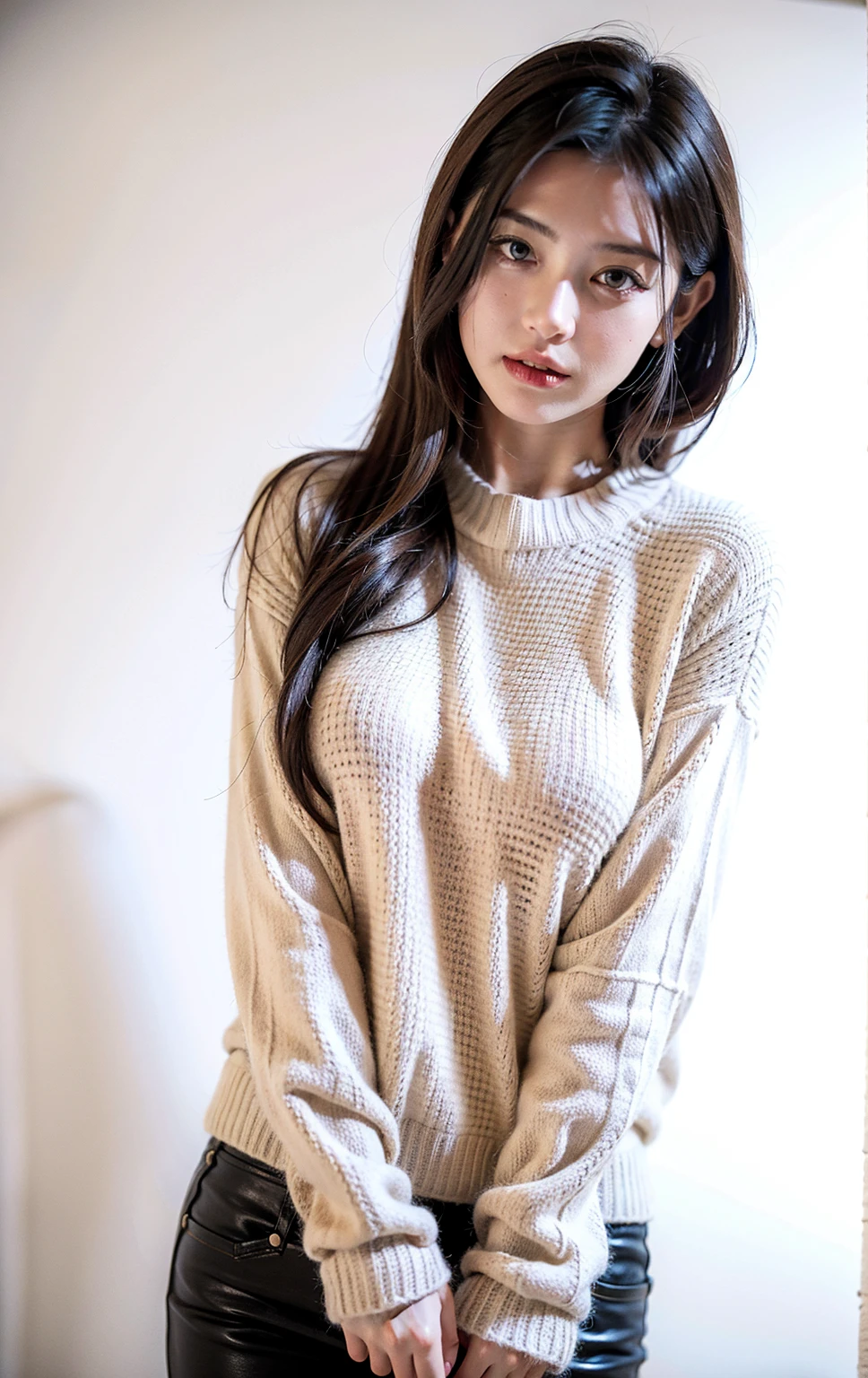 1 girl at home standing, best quality, beautiful, beautiful, beautiful, stylish detailed, CG, unity,8k wallpaper, amazing, stylish detail, beautiful, best quality, official art, detailed CG Unity 8k wallpaper, absurdres, ridiculous, unbelievably ridiculous, huge file size, super detailed, high resolution, very detailed, beautiful detailed girl, very detailed eyes and face, beautiful detailed eyes, (RAW photo, best quality), (realism, realism: 1.3), light on the face, 1girl, full body, full body photo, (very oversized sweater, sweater, open sweater)), (white vest), (white vest), (light brown hair: 1), long hair, ((puffy eyes)), (small breasts)), (fantasy chest)), (Kpop idol), (aegyo sal), bangs, (wall background), blank, skinny, (sweater), (relaxed)), (relaxed), happy, looking at the audience, facing the wall facing forward , bare arms, (cover, panties,