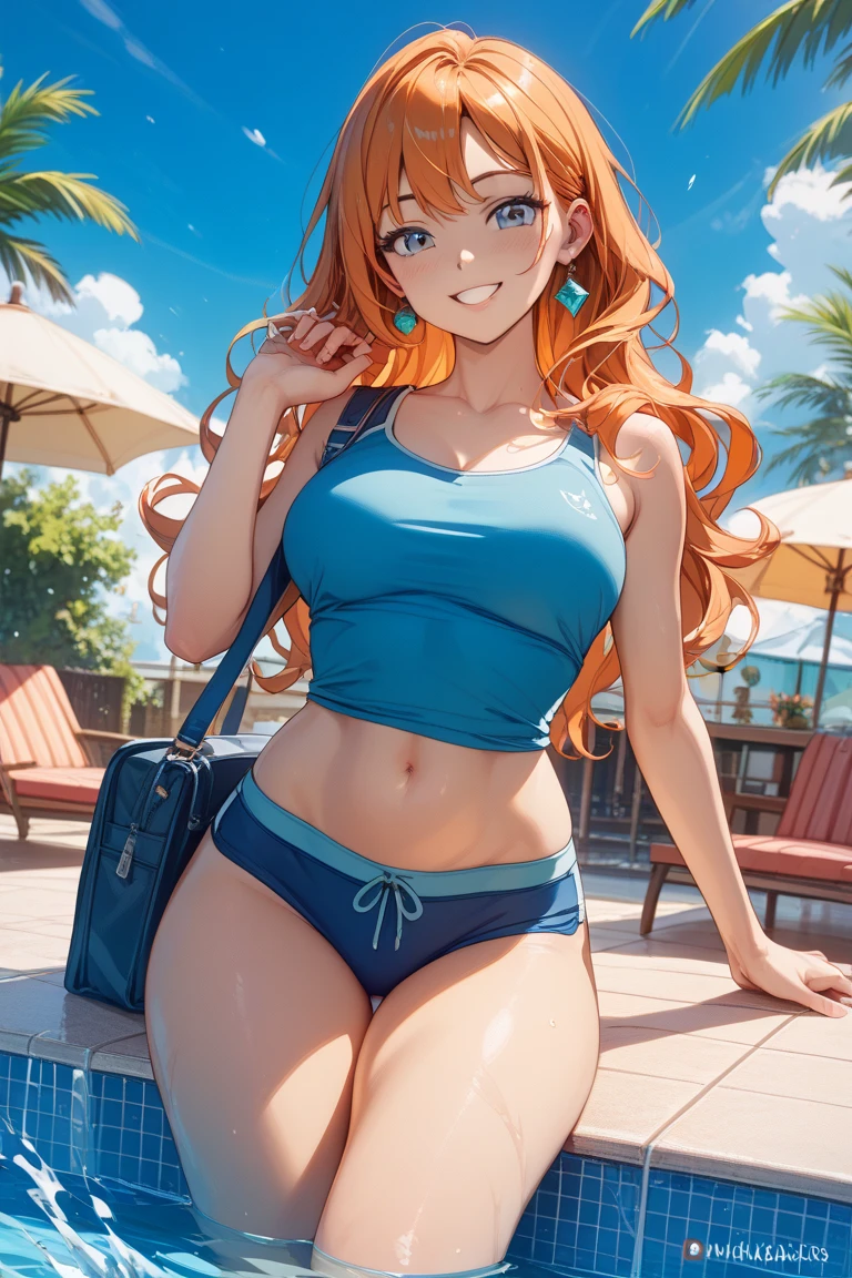 (High definition) (masterpiece), (tanned skin), Young elf girl, wide hips, small breasts, slender body, big thighs, beautiful legs, medium orange hair, green eyes, wearing white bikini top, black jeans shorts, with ponytail, sexy pose, smiling, full body in frame