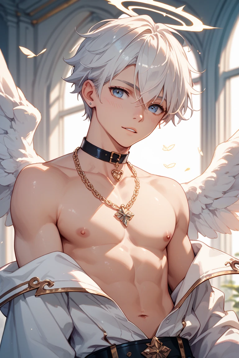 absurdres, highres, ultra detailed, HDR, master piece, best quality, Gojou Satoru, white hair, expressive blue eyes, white eyelashes, Jujutsu Kaisen, solo, sexy man, handsome, horny, lewd, Angel, halo, angel wings on his back, white fantasy clothes, accessories, showing the chest, cross necklace, white gloves, fantasy, magical, white roses, white petals, blue sky, church, Nu Carnival