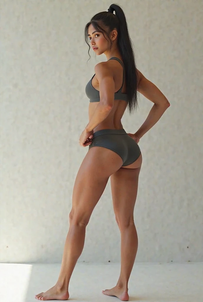 Full Body Portrait of a 25 year old german Female, 1,75 Meter tall, sie bedeckt ihre Brüste mit ihren Händen,, DARK Brown Hair, Barefoot, Fitness Girl, beautifull sandhour figure,beautiful feminine Fitness body, thick strong legs and big calves, doing her workout, Photo Realistic Extremely Realistic, nah am Fenster, realistic sun light, modern Fitness room
