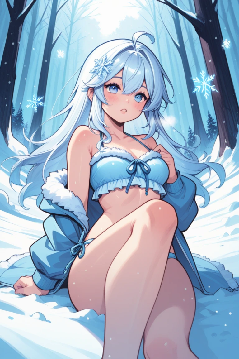 kiyola2st, low-tied long hair, horns, hair flower, white gloves, elbow gloves, naked, yellow bow, detached collar, , empty eyes , large breasts, nipple, Running, Heavy snowfall area, frozen, wet, crying, mountain, Alone, Smile Naked, solo, 1girl,