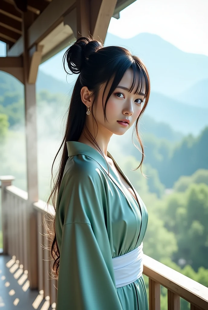 Hidden Leaf Onsen Balcony – Morning Elegance

A hyper-realistic image of Lady Guren from Naruto standing on the wooden balcony of an onsen inn, just after dawn. She wears a silky, short, open bathrobe in pale jade, loosely tied with a white sash, revealing her shoulder and part of her chest beneath. Her indigo hair is styled in her iconic spiky ponytail, catching soft morning light. Steam rises behind her from the bath, and she leans on the balcony railing, gazing at the mountains with calm, dreamy blue eyes. Shot on Fujicolor C200 film, perfect for gentle skin tones and natural pastel lighting. The textures of her robe, hair, and expression appear vivid and lifelike.