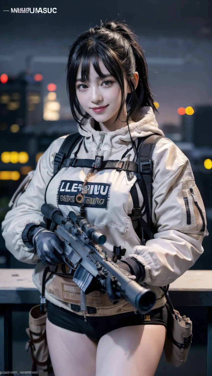 (top quality), handに銃を持つ少女 , black hair , deep purple eyes , urban camouflage uniform, outdoor harness, (masterpiece:1.2, top quality ), ( BEAUTIFUL DETAILS : 1.2), ( beautiful detailed face ), ( big breasts :1.2), (soft chest:1.1), (repair_hand),(repair_weapons),(repair_feet), (repair_refer to),(repair_glass), ((( high resolution,超high resolution,8k, top quality,masterpiece ))), smile, masterpiece, top quality , NEW EQUIPMENT, (From the above:1.0, top quality ), a woman is leaning back and looking at the camera with a smile on her., 1 girl, goggles, goggles on head, fingerless hand袋, hand袋, black hand袋, smile, solo, (" PGM Ultima Ratio Hecate II "sniper rifle:1.1 and Geek Gaming Magazine Cover :1.3),(with sparkling eyes and a contagious smile), smileの狙撃hand :1.2, Watching Viewers, 1 girl, young girl, Armored vehicles , futuristic cyberpunk, like in a movie, Ultra Fine, BEAUTIFUL DETAILS, vivid, vividな色, Detailed filigree , fine detail put in terms such as, smiles on a, cowboy shot. super realistic style, very detailedテクスチャ, reflective and shiny surface , like in a movie lighting, neon light reflecting on her skin , urban cyberpunk cityscape on background, (vivid colors), (High Contrast), (sharp concentration), (Bokeh effect on the background), (moody vibe), (Digital Paint Style), (masterpiece: 2), top quality, ウルトラhigh resolution, original, very detailed, perfect lighting