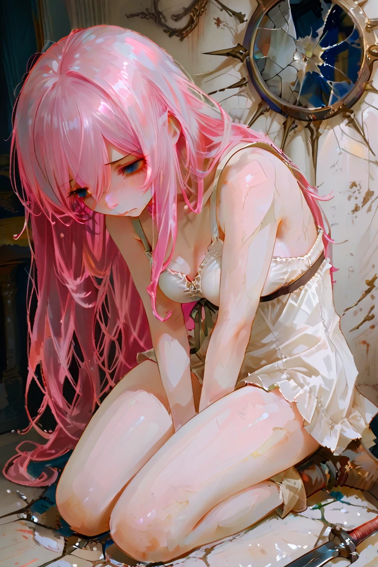 (masutepiece, Digital Art, Digital Illustration, 4K, 8K, Ultra-detailed, beautiful image, Sharp Image, Photorealistic, Raw photo, Perfect face, Perfect lines, Perfect eyes, Soft lighting) 1 woman, (Long pink Hair,straight haired,Bullish gaze,Beautie,Woman in suit,Solid makeup,23 y-o woman Rose,A slender、small tits:1.3),Office scene at night,Antique furnishings,Antique chair,chandeliers, Full body painting、gasping face、embarrassed