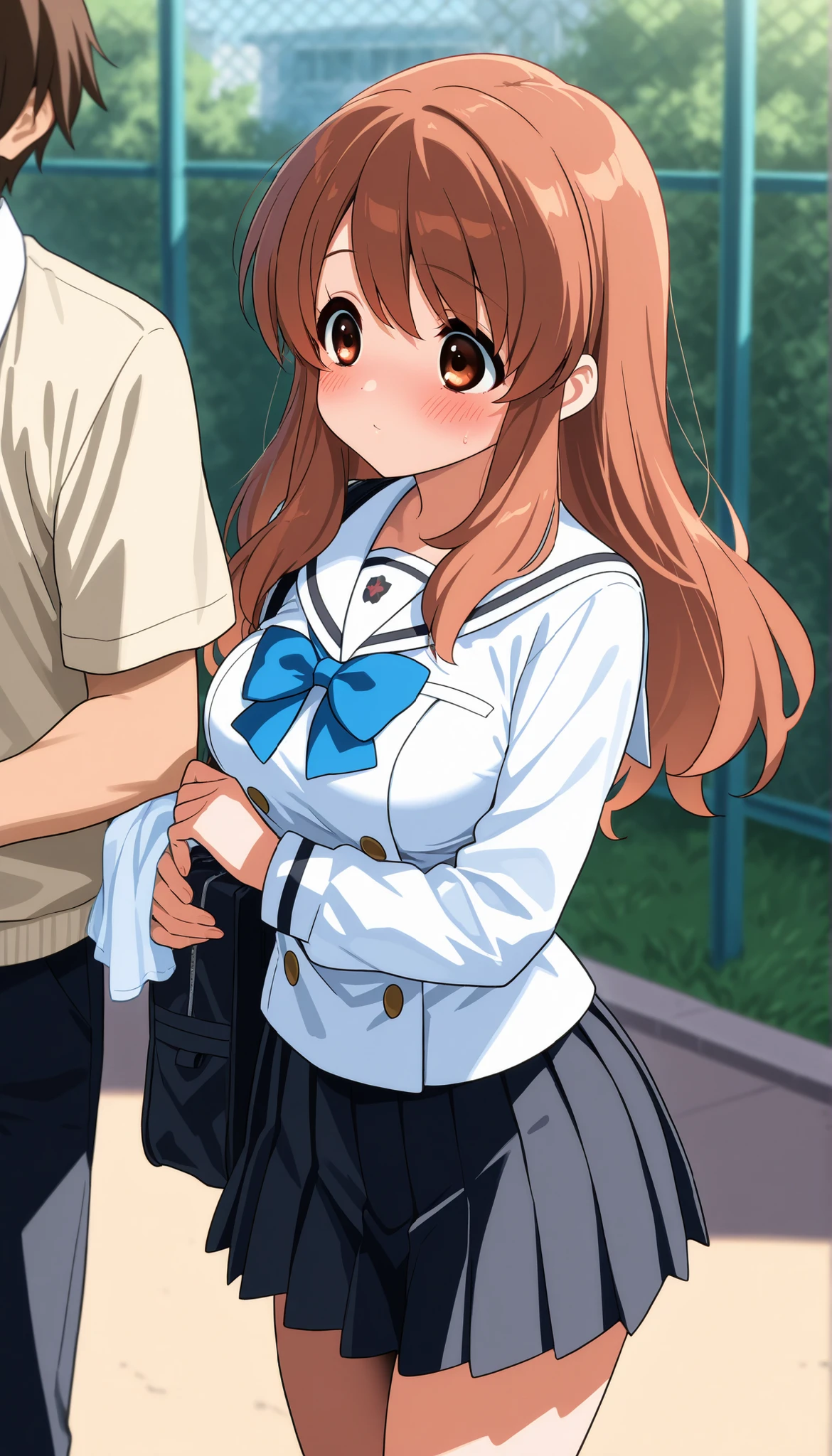 masterpiece, best quality, ultra detailed, highres, 4k, 1girl, 1boy, score_7_up, score_8_up, score_9, source_anime, high res image, (mikuru asahina), long brown hair, brown eyes, depth of field, medium breasts, short stature, blush, wide eyes, boy holding girl, boy holding cloth over girl's face, school yard, white sailor uniform top, black pleated miniskirt