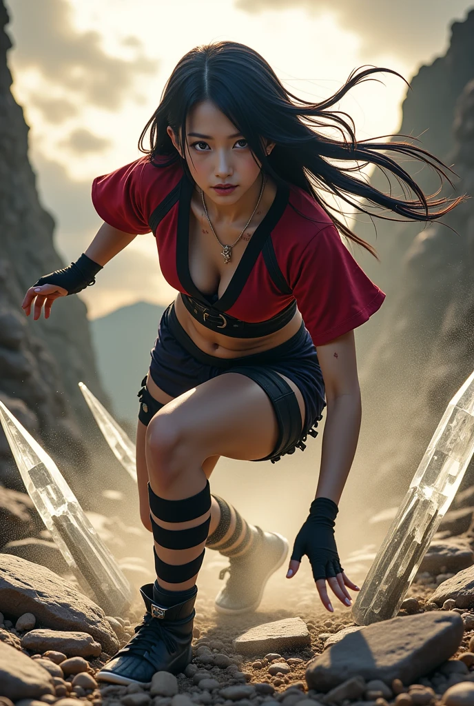 Battle in the Hidden Stone Ruins – Crimson Clash

A hyper-realistic action portrait of Lady Guren from the anime Naruto, captured mid-battle in the ancient ruins near the Hidden Stone Village. The scene shows her frozen in motion — one foot braced on shattered stone, the other mid-air as she lunges forward with her right arm extended, ready to launch a Crystal Release attack. Her long indigo hair, tied in her signature high, spiky ponytail, whips dramatically around her, strands catching the fading light. She wears a torn, crimson shinobi top with black mesh underneath, revealing parts of her pale, toned skin, paired with tight tactical shorts and protective black thigh straps. Her sharp blue eyes burn with focus and fury, narrowed on an unseen enemy. Crystals erupt from the ground behind her, refracting light in sharp, glistening shards. Dust and debris swirl in the air, illuminated by golden sunlight breaking through stormy clouds. Her gloves are scratched, and her legs smeared with dirt and cuts, emphasizing the heat of battle. Captured on Kodak Vision3 250D film, known for its dynamic range and cinematic color tones, the image radiates intensity and realism. Every detail — from the grit on her skin to the glint in her eyes — feels alive, as if she’s about to break free from the frame.