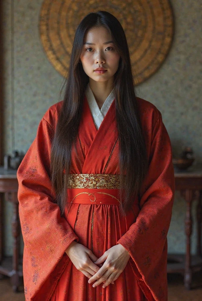 woman with ankle-length hair and straight, standing, looking forward, wearing a red kimono, with her hands placed at belly level