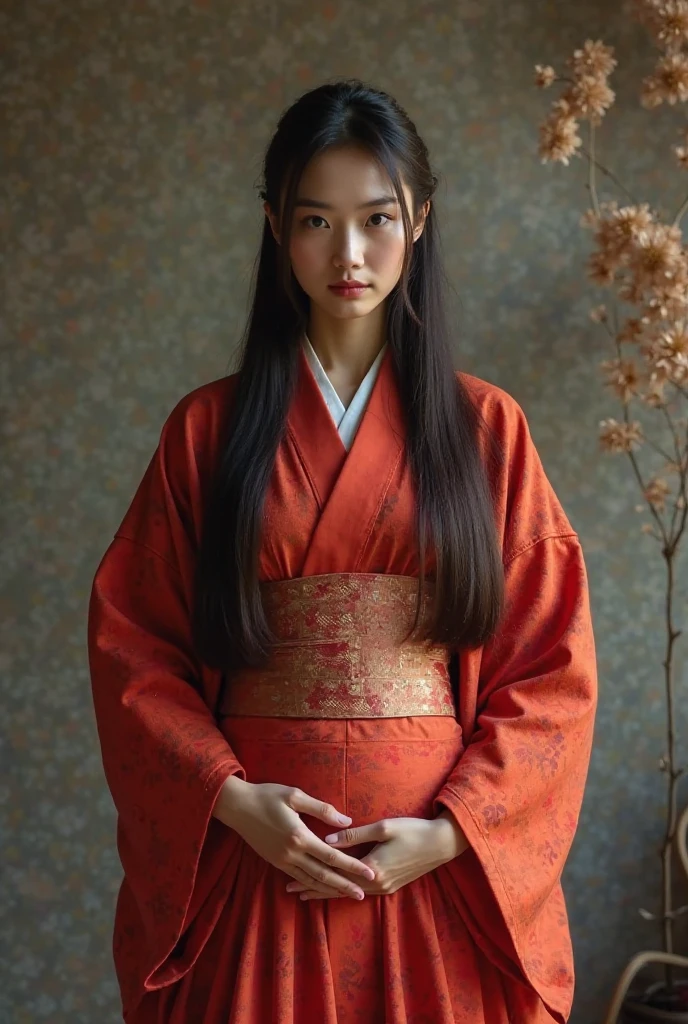 woman with ankle-length hair and straight, standing, looking forward, wearing a red kimono, with her hands placed at belly level