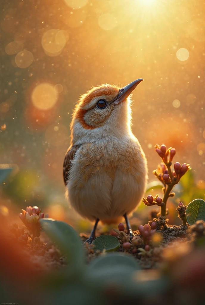 A fascinating close-up of a beautiful little bird, illuminated by the soft golden light of a quiet morning, with bright bokeh, gently framing her elegant shape.