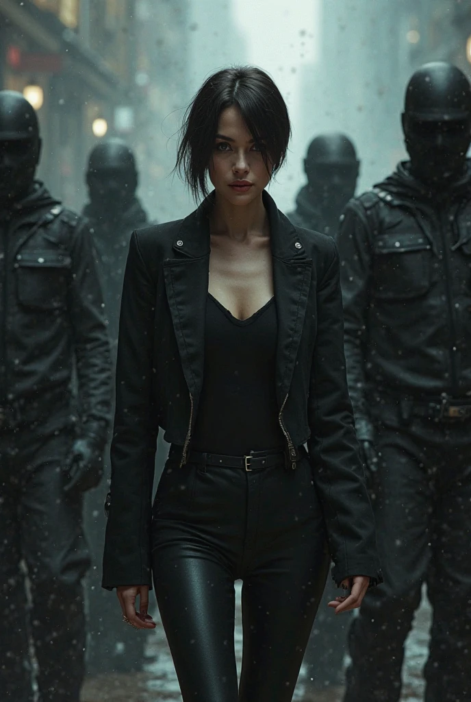 Pretty short-haired agent in black tights gets caught by black men