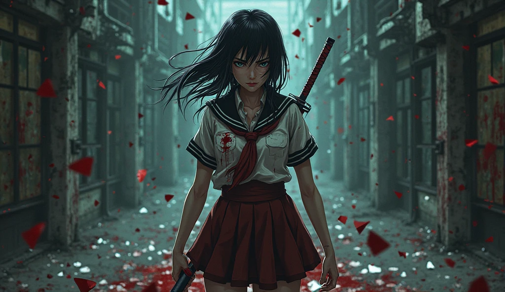 Rin Yamaoka from the Dead by Daylight universe,  In anime style, A dark , all in pieces of glass, with a katana in a school uniform, bloodied, preferably a dark background,