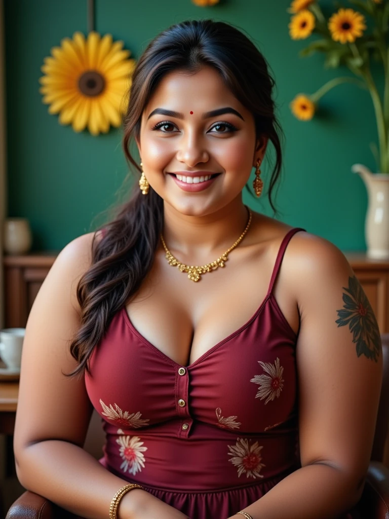 araffe woman in a red dress posing for a picture, with a seductive smile, indian girl with brown skin, sexy girl with dark complexion, cheeky smile with red lips, violet myers, 30 years old woman, 3 0 years old woman, sexy :8, sexy face, indian, cleavage, in red background, seductive lady, red bra, thick red lips