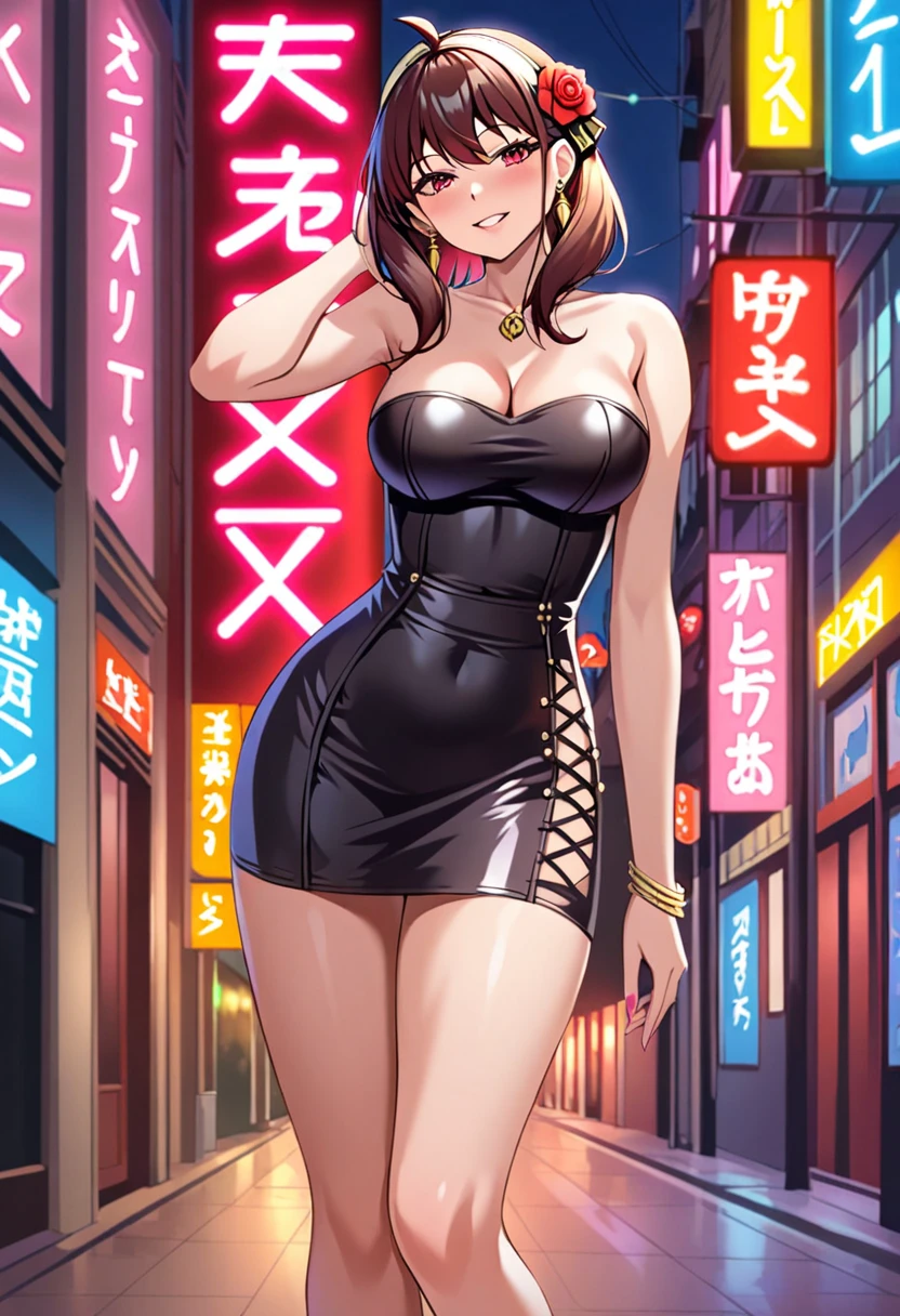 1girl,Alicia Viewsrtream, blonde hair, wavy hair, long hair, red eyes,red lips, (((bodycon)), cleavage, micro skirt, navel cutout, purple dress, shiny clothes, jewelery ,incredibly absurdres,thighs,realistic,reality,hetero, best quality:1.4, intricate details, sharp focus, highres, elaborate atmosphere:0.90, 8K, 4K, UHD, 32k UHD resolution, Ultra Detailed 8K CG, ultra high res, High quality texture, High quality shadows, vivid colors, detailed eyes, depth of field, soft lighting, masterpiece, best quality, intricate, (lens reflection: 0.7), (flowering: 0.7), particle effects, ray tracing, tone mapping, highly detailed, concept art, smooth, sharp focus, dramatic lighting, highly detailed art, trending on Artstation, 8K, amazing shadows, realistic, (highly detailed background: 1.2), street, futuristic city, neon signs, bokeh, streetlights, people, ((1 boy)), cuddling, smile,