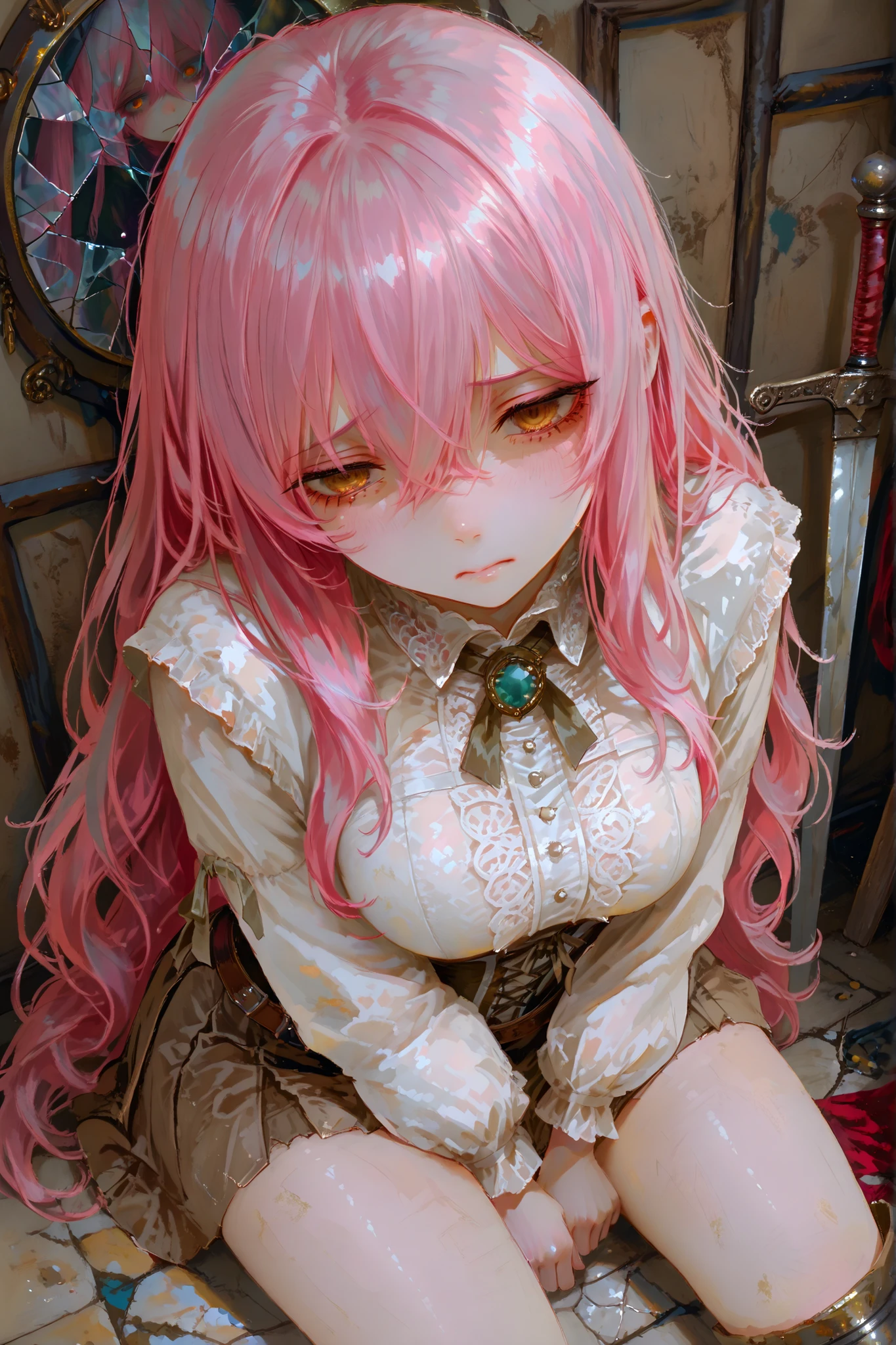 masterpiece, best quality, Detailed Eyes, girl, fantasy, very long pink hair, amber eye, medium breast, cute, semi realistic, 8k, beige onepiece, brown skirt, sad face, kneel, medieval livingroom background, cracked mirror on floor, empty eye
