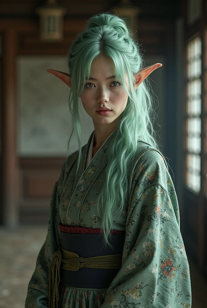 Upper body shot, a grey-skinned European woman, a dark elf, pointed elf ears, grey skin, pastel-green hair, closed mouth, feudal Japanese kimono, dynamic pose, complex fantasy character, NSFW, cinematic lighting, fantasy, magic, detailed background, in a feudal Japanese house, best quality, HDR, 8k, photorealistic, RAW photo, highly detailed