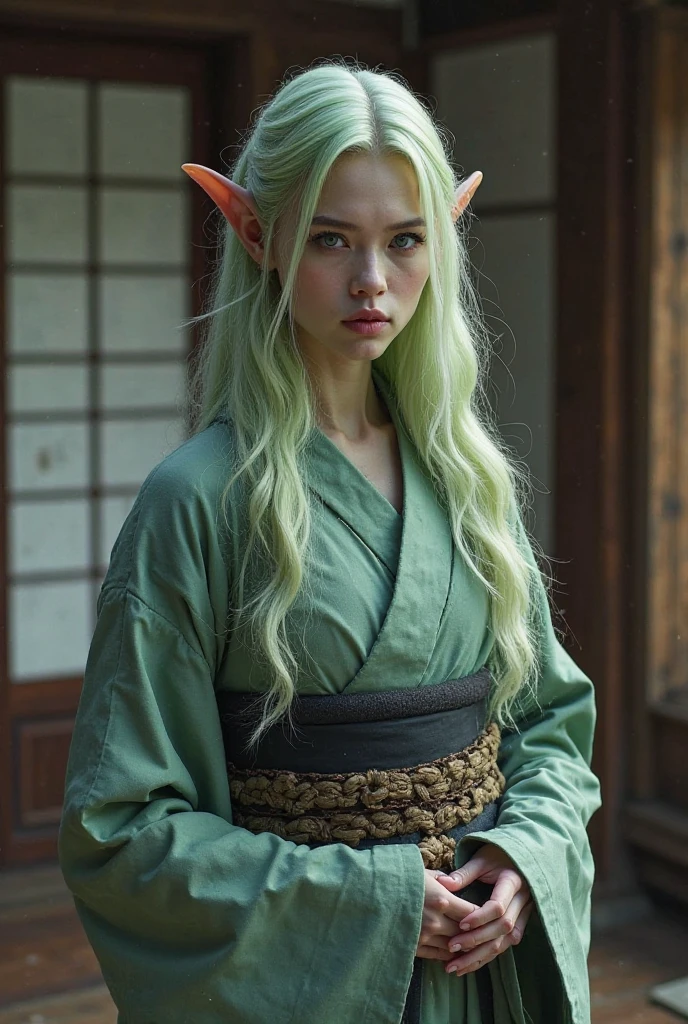 Upper body shot, a grey-skinned European woman, a dark elf, pointed elf ears, grey skin, pastel-green hair, closed mouth, feudal Japanese kimono, dynamic pose, complex fantasy character, NSFW, cinematic lighting, fantasy, magic, detailed background, in a feudal Japanese house, best quality, HDR, 8k, photorealistic, RAW photo, highly detailed