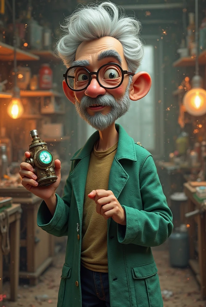 > "A realistic portrait of a quirky Indian scientist inspired by the cartoon character Dr. Jhatka. He has light grey hair styled backward, a bald front, wearing round glasses and a green lab coat over casual clothes. His expression is clever and slightly mischievous, holding a strange gadget in hand. Background is a messy lab with sparks and inventions. Ultra realistic, cinematic lighting, 8k detail."