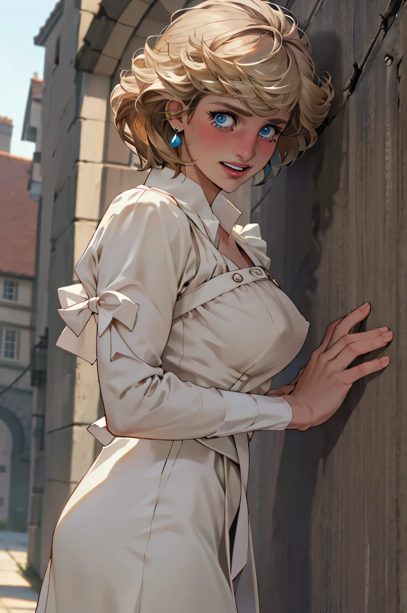 1人のgirl, is standing, raise your hand, 1 boy, faceless man, malicious laugh, heterosexuality, pick the nipple from behind, ((princess diana)), girl, Age 30, short hair, bob cut, ( Gold, short hair), (tears:1.1), detailed cute blue eyes, Curled eyelashes, (big breasts:0.8), Beautiful Eyes, detailed eyes, beautiful face, is embarrassing, frown, tful, open your mouth, Outdoors, wall, daylight, masterpiece, top quality, great quality, so beautiful, Absard Dress, newest, (realistic:1.2), VERY DETAILED, VERY DETAILED, nsfw, explicit