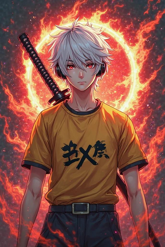 anime logo,  male, white hair wearing headphones, holding a katana with a red aura effect, wearing a yellow esports shirt, on the shirt there is the word “ᴀXᴩㅤɢᴏᴊᴏ” with flames burning logo

