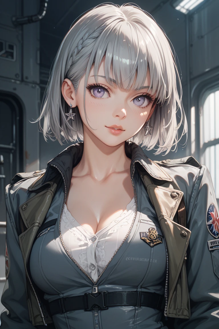 (masterpiece, best quality,ultra detailed,realistic,dutch angle).(1 girl, solo focus),(small breasts, short hair, white hair),(army uniform, open front, cleavage, Exposed abdomen, heavy armed girl),(floating hair, wind).(outdoors)