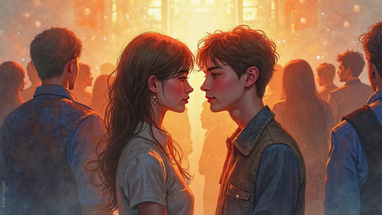 An affectionate look among the crowd. Painting in a surreal art style, warm watercolor combination, lemming."