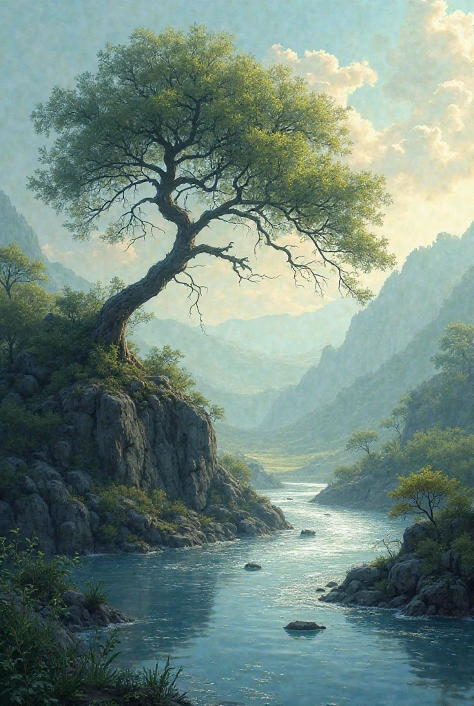 water flows while the tree is blown by the wind from day to night