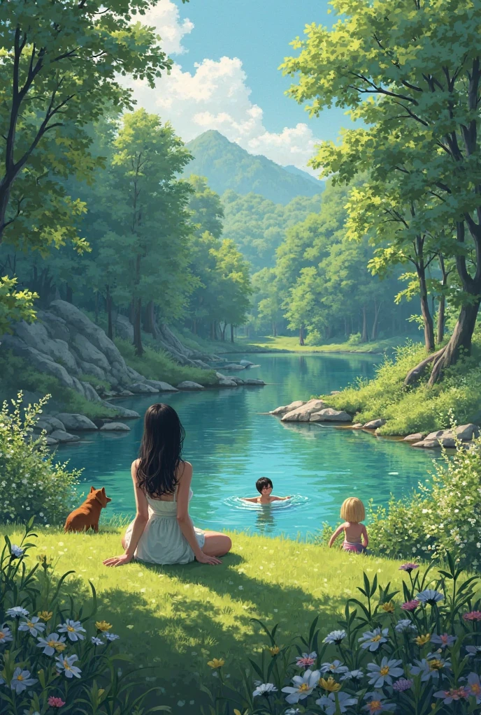 A woman with long dark hair sits on a green hill watching ren swim in a clear pond below. Lots of greenery and shrubs. A dog and an  girl with blond hair are playing nearby 