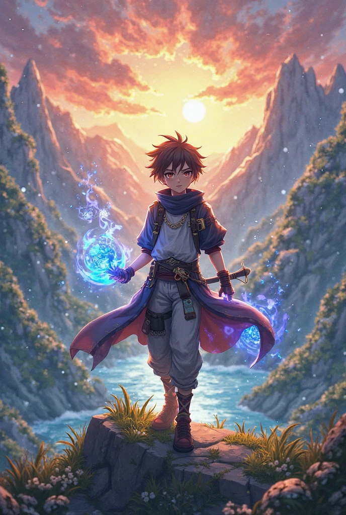 An anime character sits cross-kneeled on the surface of the lake, The lake is like a surge of blue energy, Blue energy rises from the surroundings, Converge into the characters, anime, best quality, ccurate