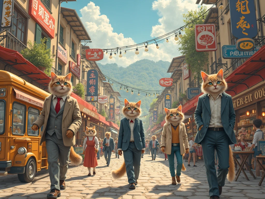 A lively, realistic town square with cats walking upright in human clothes. Street signs, bakeries, cafes, and small buses fill the background. 