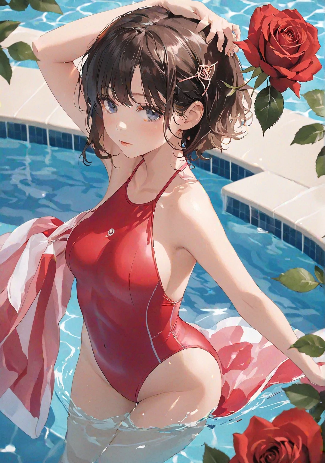 nicenature、Close-up of the butt looking up from below、Get wet all over 1.5.Realistic、squat butt emphasis、13 year old girl、wearing a red swimsuit，smile，cleavage emphasis，face reality，lips are a little red，cheeks are a little red，Sexy，pool