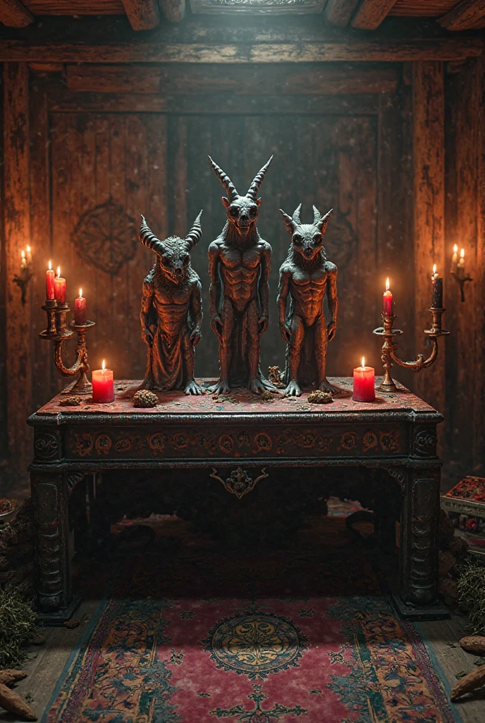 AN AMATEUR PHOTO, taken by a cell phone, angled view of an ultra-detailed Goetia altar. There are goblets with wine, a small pyramid with a black mirror in the middle, detailed magic symbols, a large number of candles lit in candlesticks. Some fruit dishes. Drink bottles. All of this, is on a table with a black tablecloth. There is a small black statue of Baphomet on the table (a representation of a black goat). The environment is a room for Masonic rituals.