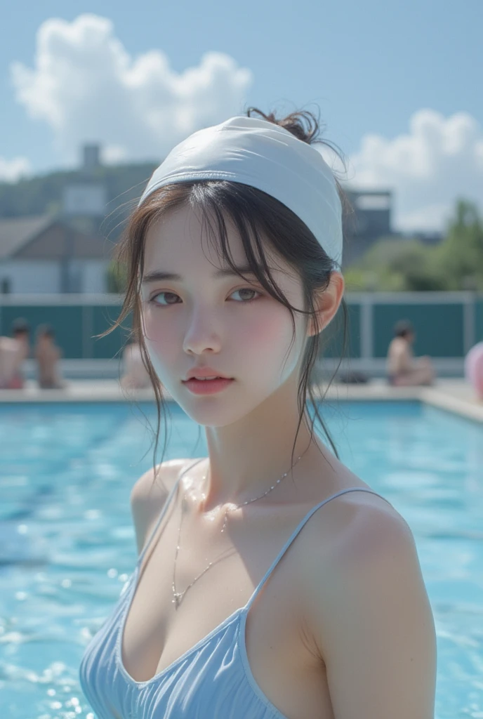 (Extremely meticulous CG),(((8k))),wallpaper,((Extremely refined and beautiful)),(((Masterpiece))),(((best qualtiy))),(((Ultra High Resolution))),beautiful light up,realistic shaded,(Smooth and flawless fair skin:1.5),(Extremely exquisite facial details:1.3),(ultra-detailed:1.5),((a beautiful girl,solo)),(swimming cap on head:1.5),(short ponytail:1.2),(small head:1.2),(slender face:1.2),(Exquisite makeup:1.3),(wet:1.5),(sweat:1.5),(happy:1.2),(laughing:1.2),(perfect body:1.1),(pale skin:1.3),(shiny skin:1.5),((slim,thin)),(small breasts:1.2),(flat chests:1.2),(long sleeves:1.2),(swimming shirt:1.5),(navel:1.3),(swimming shorts:1.3),(standing in the water:1.3),(the lower body below the neck is in water:1.3),(At the swimming pool:1.3),(In the swimming pool:1.3),(clear water:1.3),(indoor:1.2),(Cyberpunk style:1.3),(neon lights:1.3),(night scene:1.3),(detailed background:1.5),(upper body:1.3),(from front:1.3),(surrounded by crowded crowds of old men:1.5)