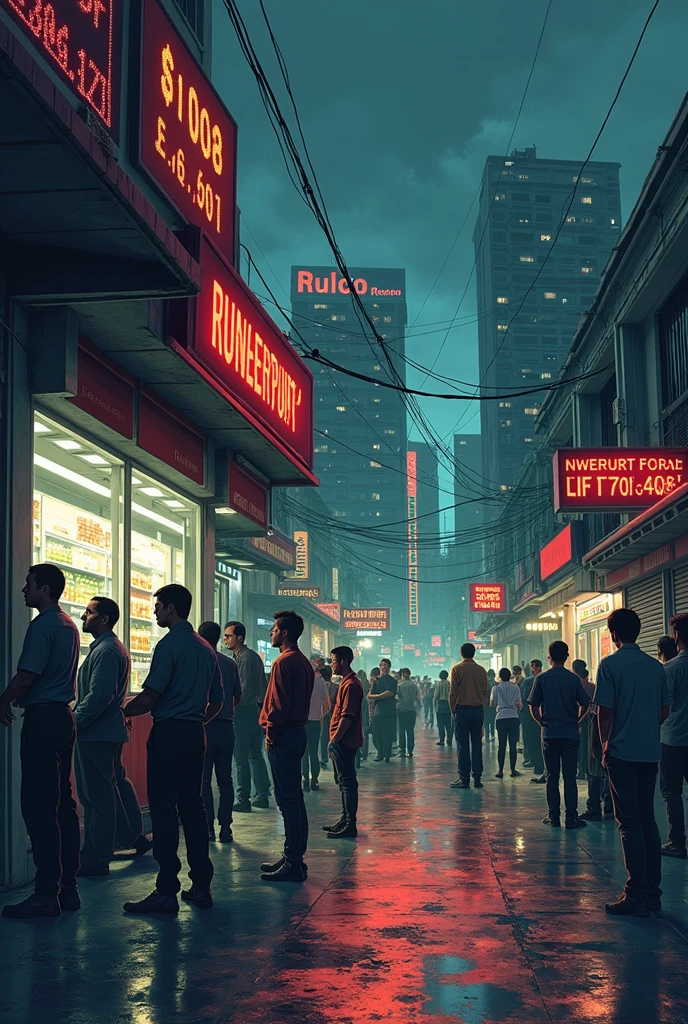 An illustration of the atmosphere of the 1998 economic crisis in Indonesia. People stand in a long line in front of a convenience store almost empty, their faces full of anxiety. The rupiah exchange rate is emblazoned on a digital screen, show a dramatically plummeting figure. Some shops close with the words' Bankrupt 'on their doors. Street atmosphere full of tension against the backdrop of gloomy office buildings. The colors of the illustration tend to be dark and dramatic, depicts a panicky situation.” -arr.9:16