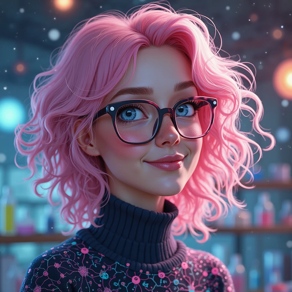 Portrait of a female scientist with glasses, but with a vibrant style: for example, rose quartz hair (a hint of neuroplasticity), neuron sweater, background — a hybrid between lab and surreal space. Style: realism,  seems to be alive  .  Facial expression — between thoughtfulness and a playful smirk