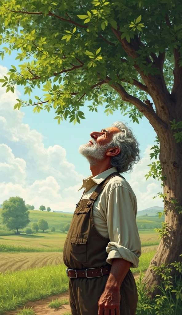 A old farmer happily seeing upwards towards a greenish tree