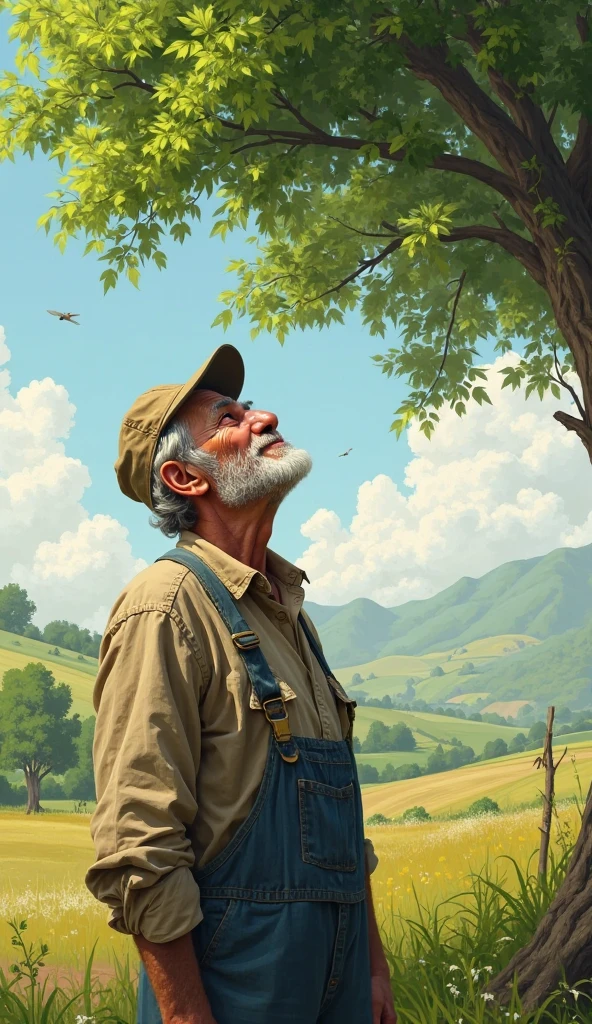 A old farmer happily seeing upwards towards a greenish tree