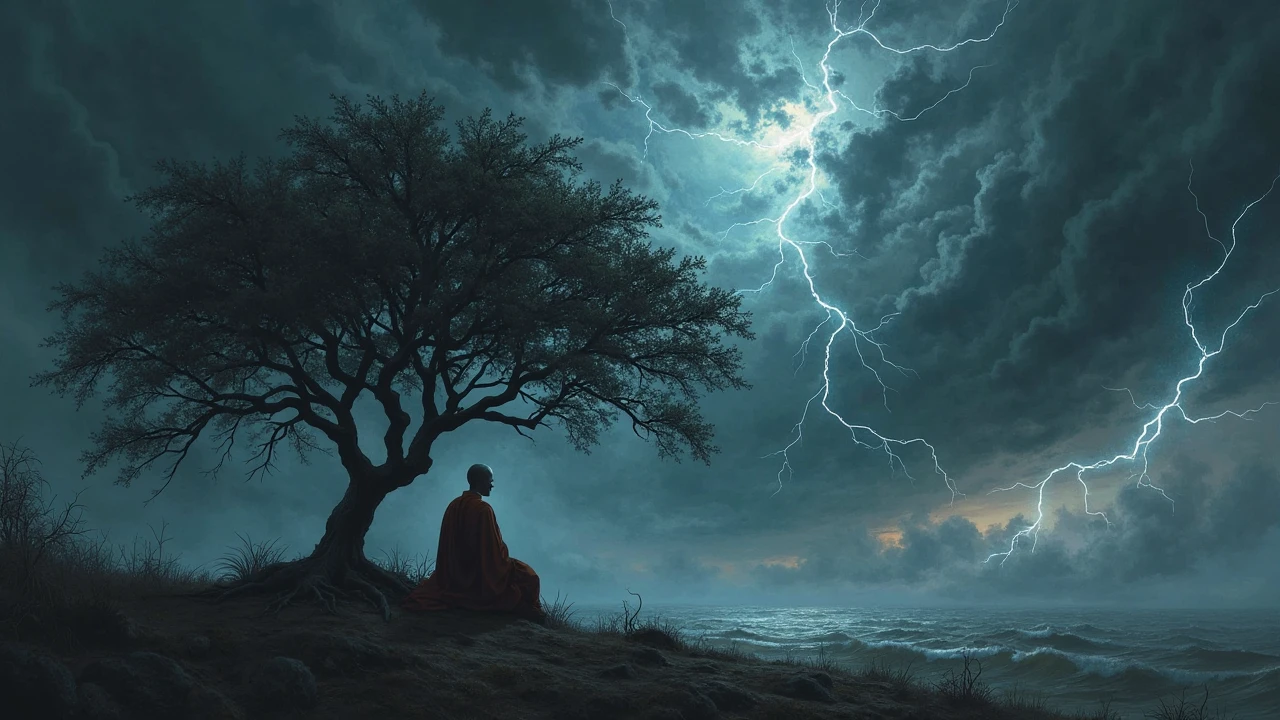 A symbolic storm of anger, shame, and desire rages in a dark sky — the monk simply watches it pass, untouched under a tree.