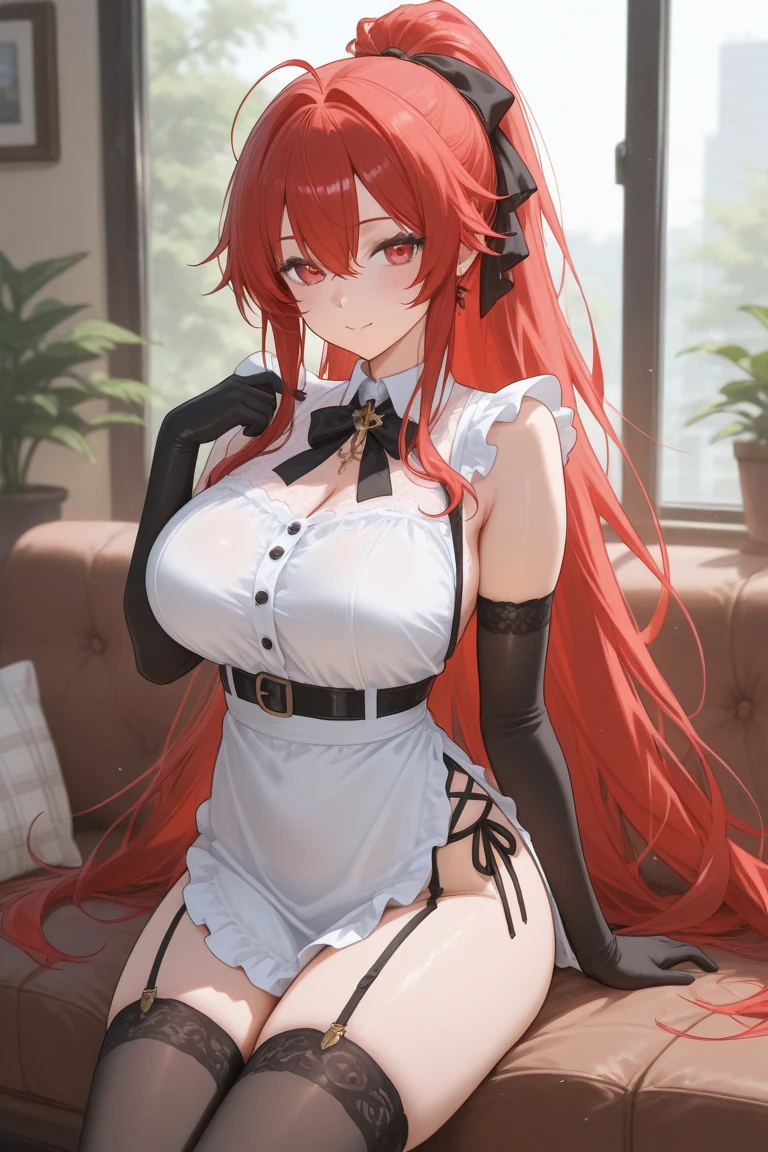 /draw apron orange_hair green_eyes breasts breasts_out couch dress female frills gloves highres koruse large_breasts long_hair looking_at_viewer lying maid maid_apron maid_headdress no_panties original solo gloves black pantyhose lifts her skirt and shows her ass in pantyhose HD UHD HQ