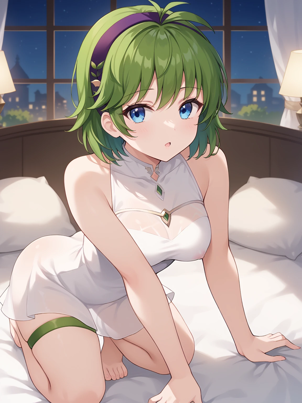 highest quality,　Highest image quality,　masterpiece,　tamaki, green hair, green eyes, mole under eye, negligee,　relaxed atmosphere, smirk,　bed