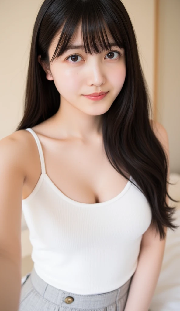 I am a 19 year old age girl, slightly large hips, long straight hair, ((hair detail)) (face detail), round face, smiling, masterpiece, high resolution, ((skin detail)), (face detail), (hair detail)), big , innocent girl, face, soft girl, beautiful breasts, pale skin, realistic lighting, (((Off-the-shoulder clothing))), (casual wear), cute hair accesories, show cleavage, (wearing a oversize tshirt), Ultra HD, ultra realistic, FHD,