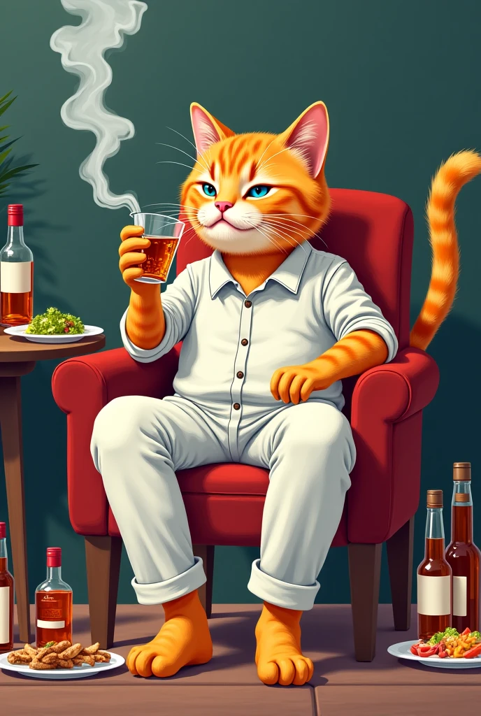 Sexy white cat eating pizza, drinking wine, reading a book