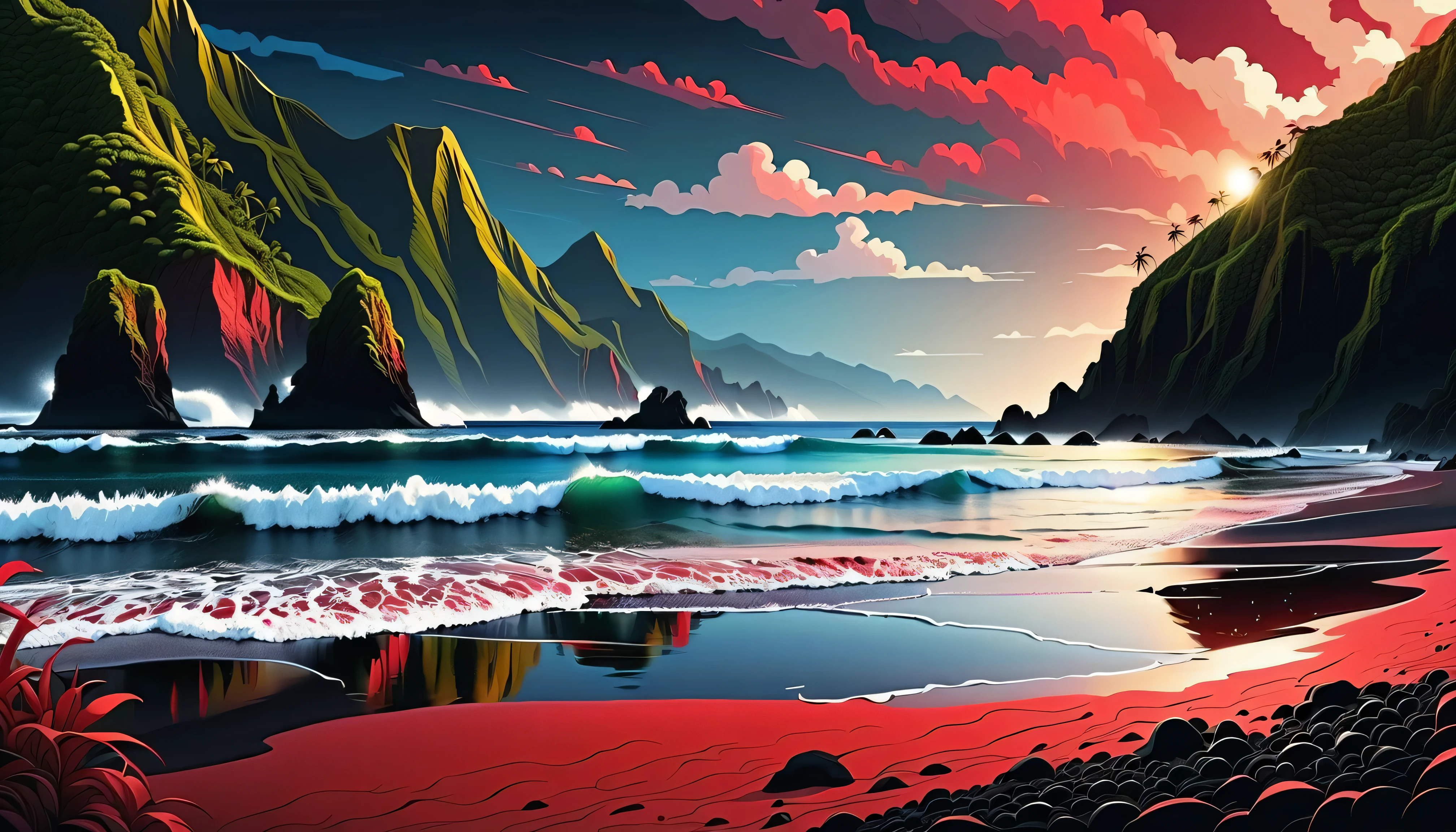 A beautiful and detailed black sand beach,Dramatic red ocean,Simple vector landscape,Clean stylized graphic art,high contrast, masterpiece,best quality, 8,000,realistic,intricate details,Seamless,Stunning colors,dramatic lighting