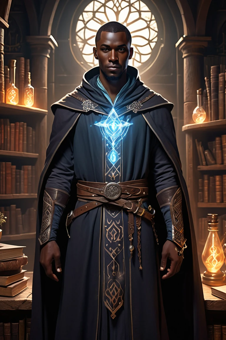 
A dark-skinned male mage from a medieval fantasy world. He wears dark, layered robes with glowing rune patterns. Several slim, glass-like crystal tubes hang from his belt, each containing a glowing light. Behind him, a faint translucent duplicate of his body follows his movements slightly delayed, like an echo. This shows his soul has been transferred or split. He stands in a magical lab with old books, tools, and glowing symbols around him.