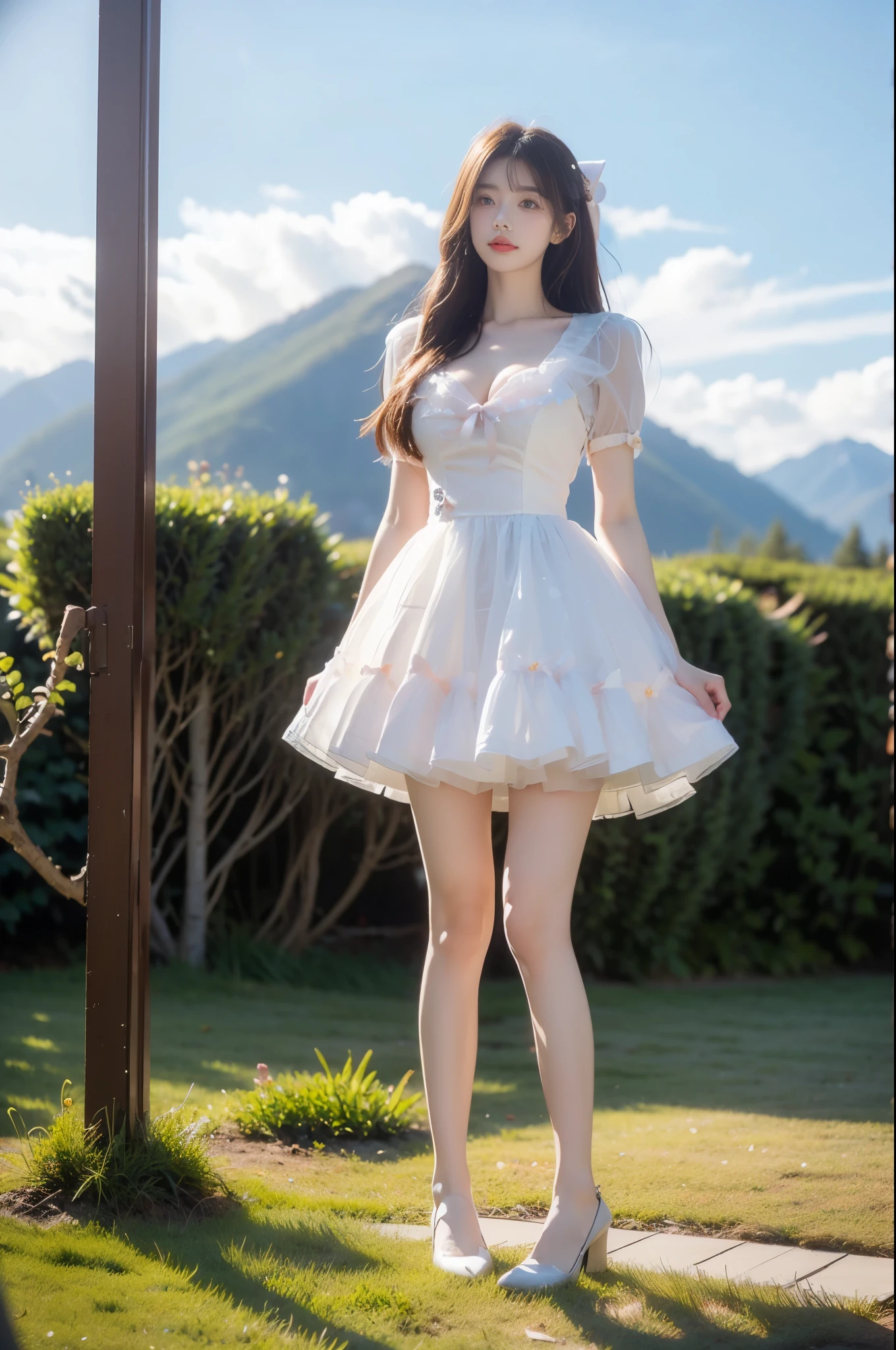 cyb dress, puffy short sleeves, bow ,,(full body:1.4), (from below:1.3), A beautiful young woman standing gracefully in a garden of red roses at sunset, The rose as the foreground, the character as the middle scene, (Full bust, visible cleavage, very short hemline), her long hair flowing gently in the wind, soft and warm golden hour lighting illuminating her figure, dreamy atmosphere, romantic mood, cinematic background with distant mountains and cloudy sky, ultra realistic, high detail, delicate facial features, soft shadows, bokeh, 8k, masterpiece