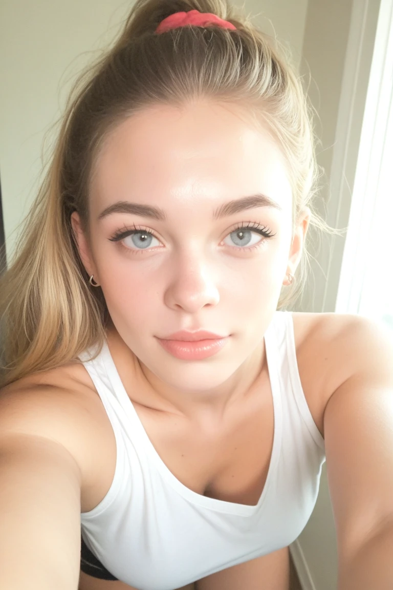 do a selfie, messy hair, a little bit of impure skin, skin realistic, laying in bed, duckface, pyjama outfit, sleepy center eyes, young and cute face, chubby, best quality, Meisterwerk, Realistisches Foto, Komplizierte Details, RAW-Foto, Ultra-detailliert, blondes haar, cute face, Body size B, blondes Haar, perfekte und blaue Augen, HD quality, 8K, young woman, 20 Jahre alt