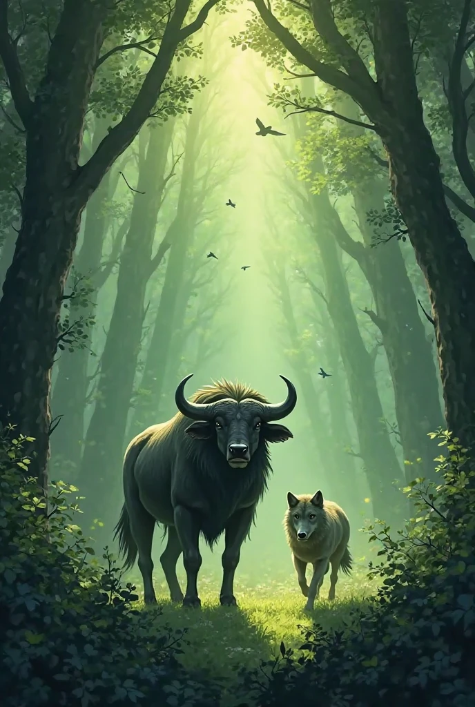 A scene of dense, lush forest, where light is falling on the ground by pulling from the leaves of the trees. In the middle stands a brave Darfani (Green Buffalo) with his little . A dangerous wolf is running in front of her, but Darfani shakes her powerful horns and pushes her back. In her eyes there is a glimmer of mother's love and courage. The mysterious atmosphere of the forest in the background, birds flying far away and light movement in the bushes is felt. The scene should have glimpses of movement, tension and bravery, as if a thrilling moment had been captured.

This prompt beautifully describes the main emotions and atmosphere of your story. Do you want me to also make a photo based on this prompt?

