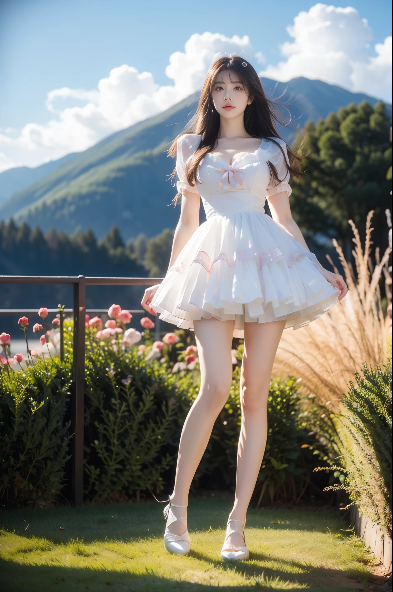 cyb dress, puffy short sleeves, bow ,,(full body:1.4), (from below:1.3), A beautiful young woman standing gracefully in a garden of red roses at sunset, The rose as the foreground, the character as the middle scene, (Full bust, visible cleavage, very short hemline), her long hair flowing gently in the wind, soft and warm golden hour lighting illuminating her figure, dreamy atmosphere, romantic mood, cinematic background with distant mountains and cloudy sky, ultra realistic, high detail, delicate facial features, soft shadows, bokeh, 8k, masterpiece